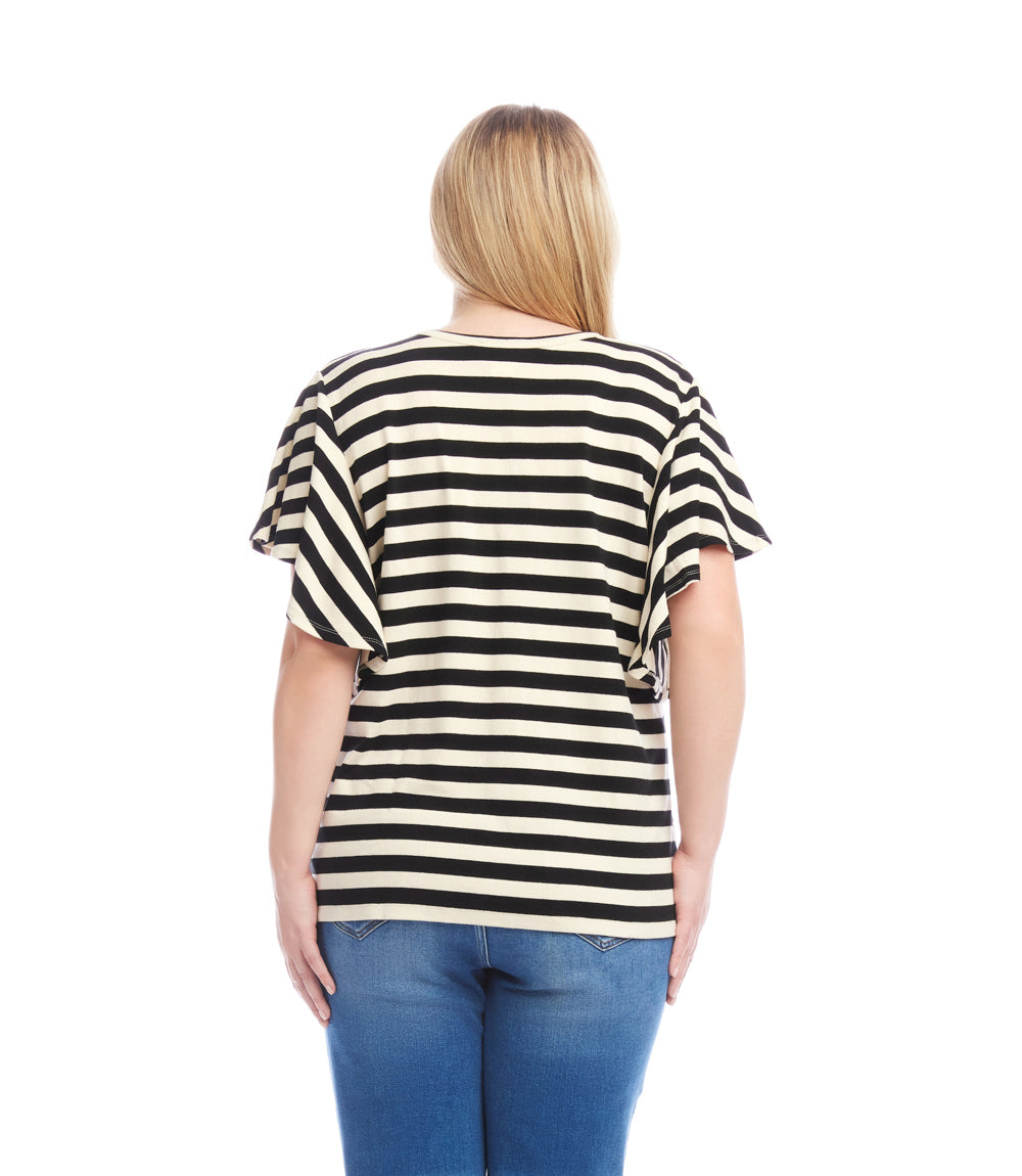 Plus Size Stripe Flutter Sleeve V-Neck Top