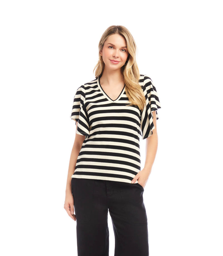 Stripe Flutter Sleeve V-Neck Top