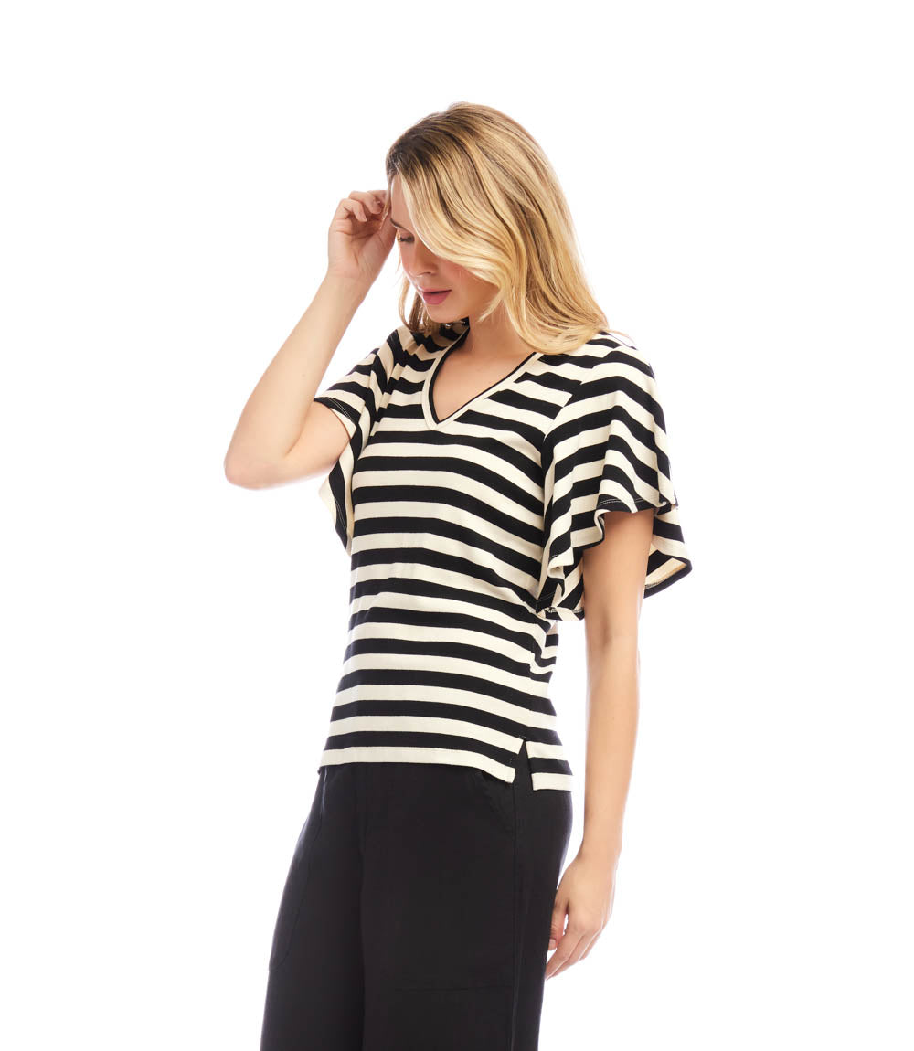 Stripe Flutter Sleeve V-Neck Top