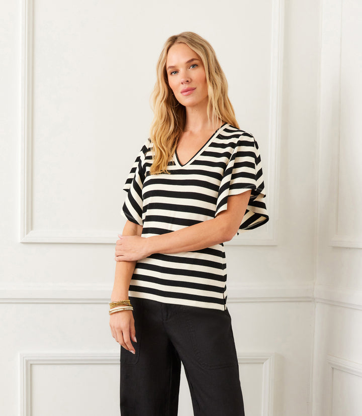Stripe Flutter Sleeve V-Neck Top