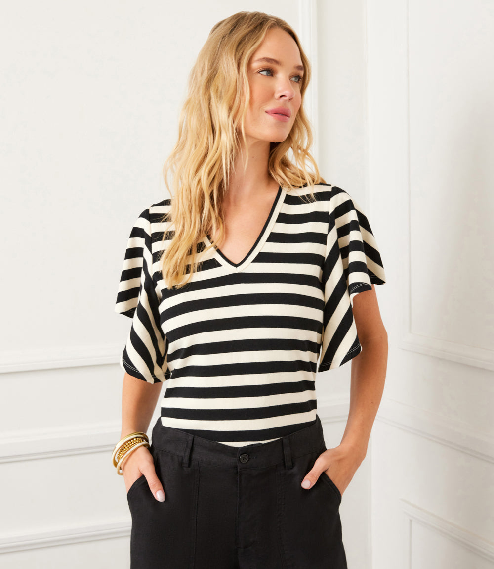 Stripe Flutter Sleeve V-Neck Top