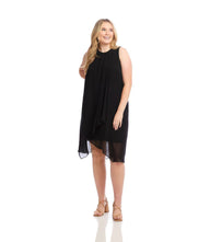 Plus size sleeveless draped black crossover dress with scoop neck and asymmetrical hem