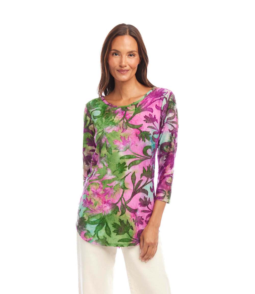 Petite size 3/4 sleeve burnout shirttail top in pink floral tie-dye with scoop neck and relaxed fit