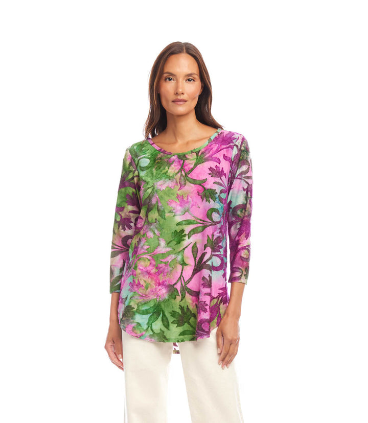3/4 sleeve burnout shirttail top with pink floral tie-dye pattern and scoop neckline