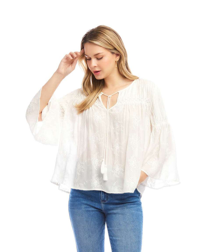 Flare Sleeve Embroidered Pintuck Detail Top