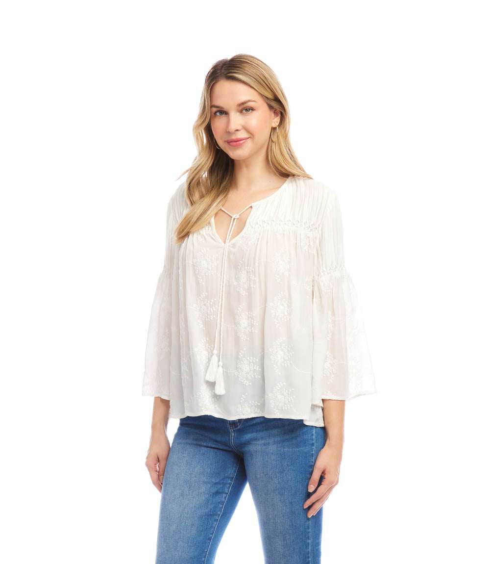 Flare Sleeve Embroidered Pintuck Detail Top