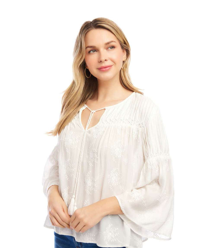 Flare Sleeve Embroidered Pintuck Detail Top