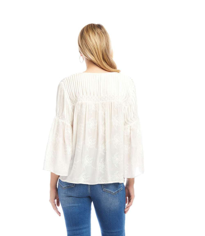Flare Sleeve Embroidered Pintuck Detail Top