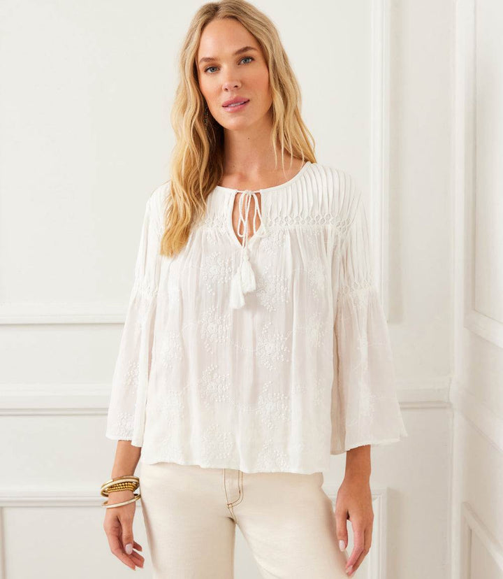 Flare Sleeve Embroidered Pintuck Detail Top