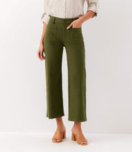 Petite Size Lauren patch pocket cropped pants in cotton spandex twill with flared legs and belt loops