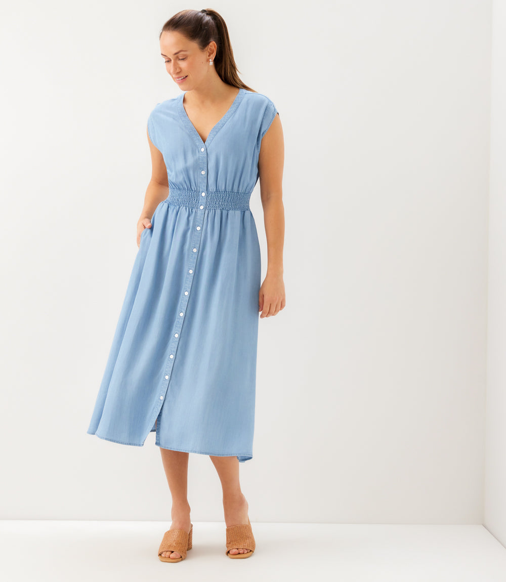 Karen Kane Women's Petite Size Cap Sleeve Smocked Waist Button-Up Midi Dress, MP, MP, Chambray, 100% Tencel Karen Kane Women's Petite Size Cap Sleeve Smocked Waist Button-Up Midi Dress, MP, MP, Chambray, 100% Tencel