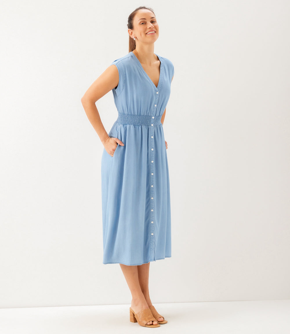 Cap Sleeve Smocked Waist Button-Up Midi Dress