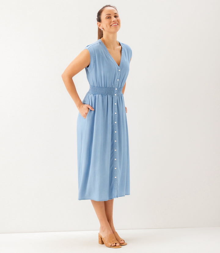 Petite Size Cap Sleeve Smocked Waist Button-Up Midi Dress