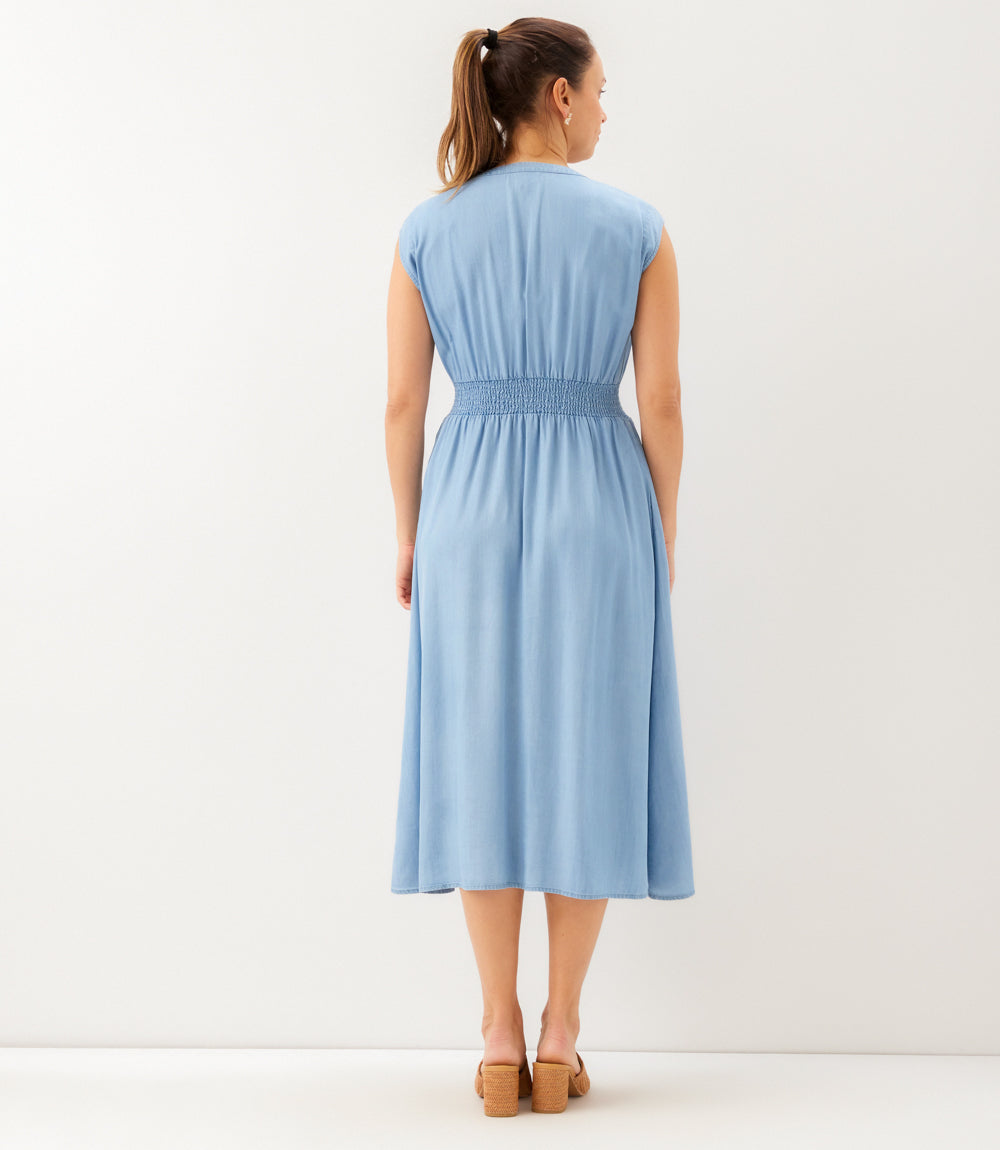 Cap Sleeve Smocked Waist Button-Up Midi Dress