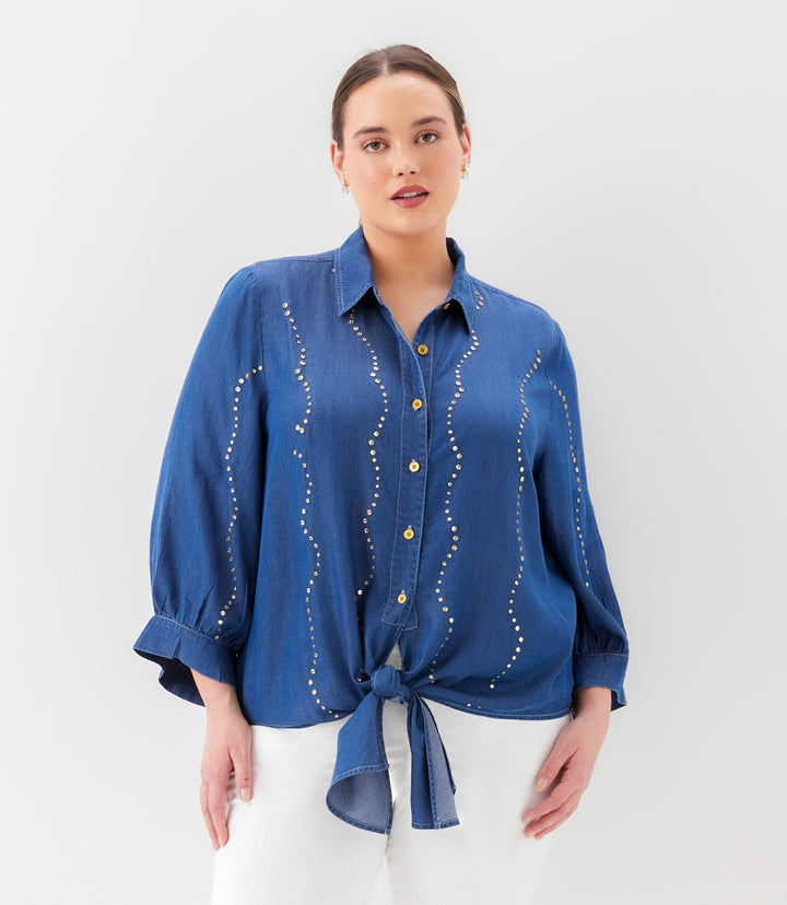 Plus Size Blouson Sleeve Gemstone Denim Shirt