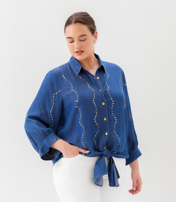Plus Size Blouson Sleeve Gemstone Denim Shirt