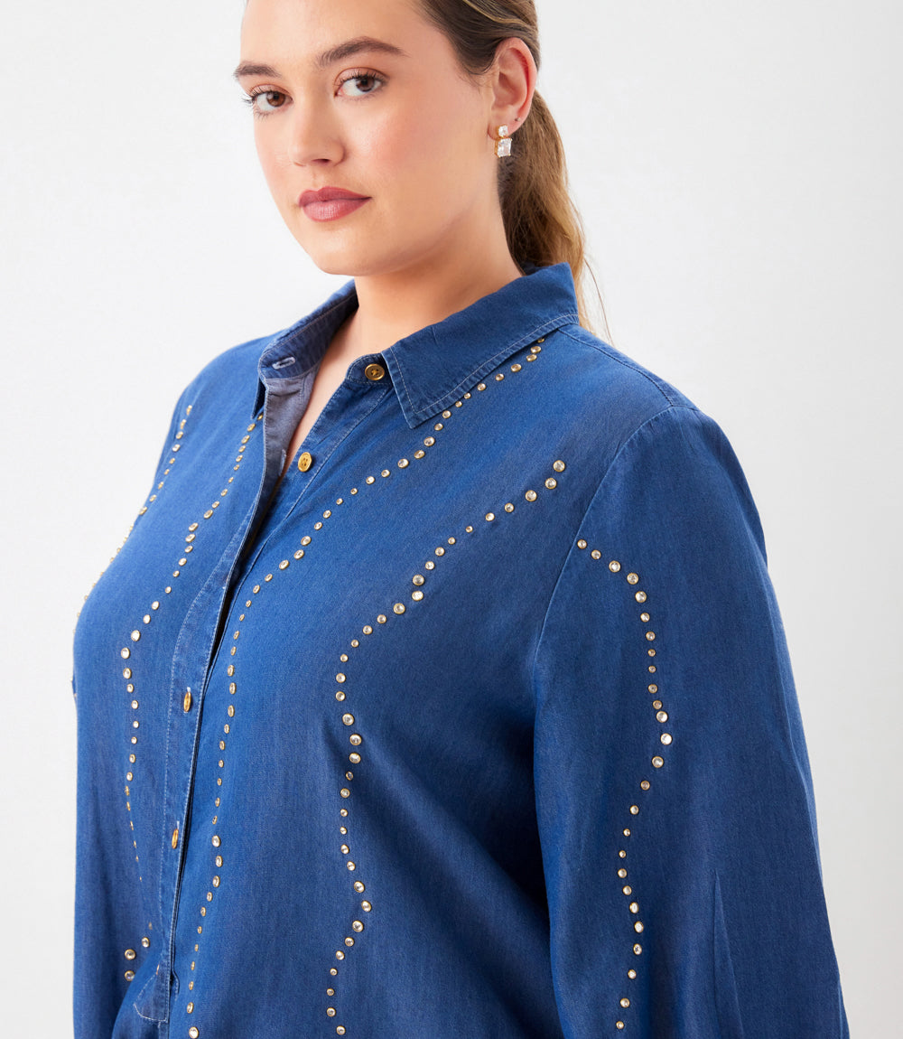 Plus Size Blouson Sleeve Gemstone Denim Shirt