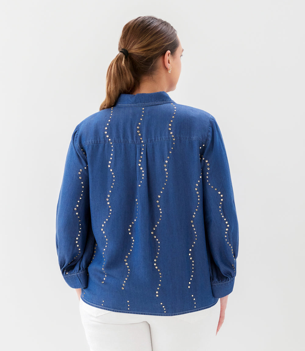 Plus Size Blouson Sleeve Gemstone Denim Shirt
