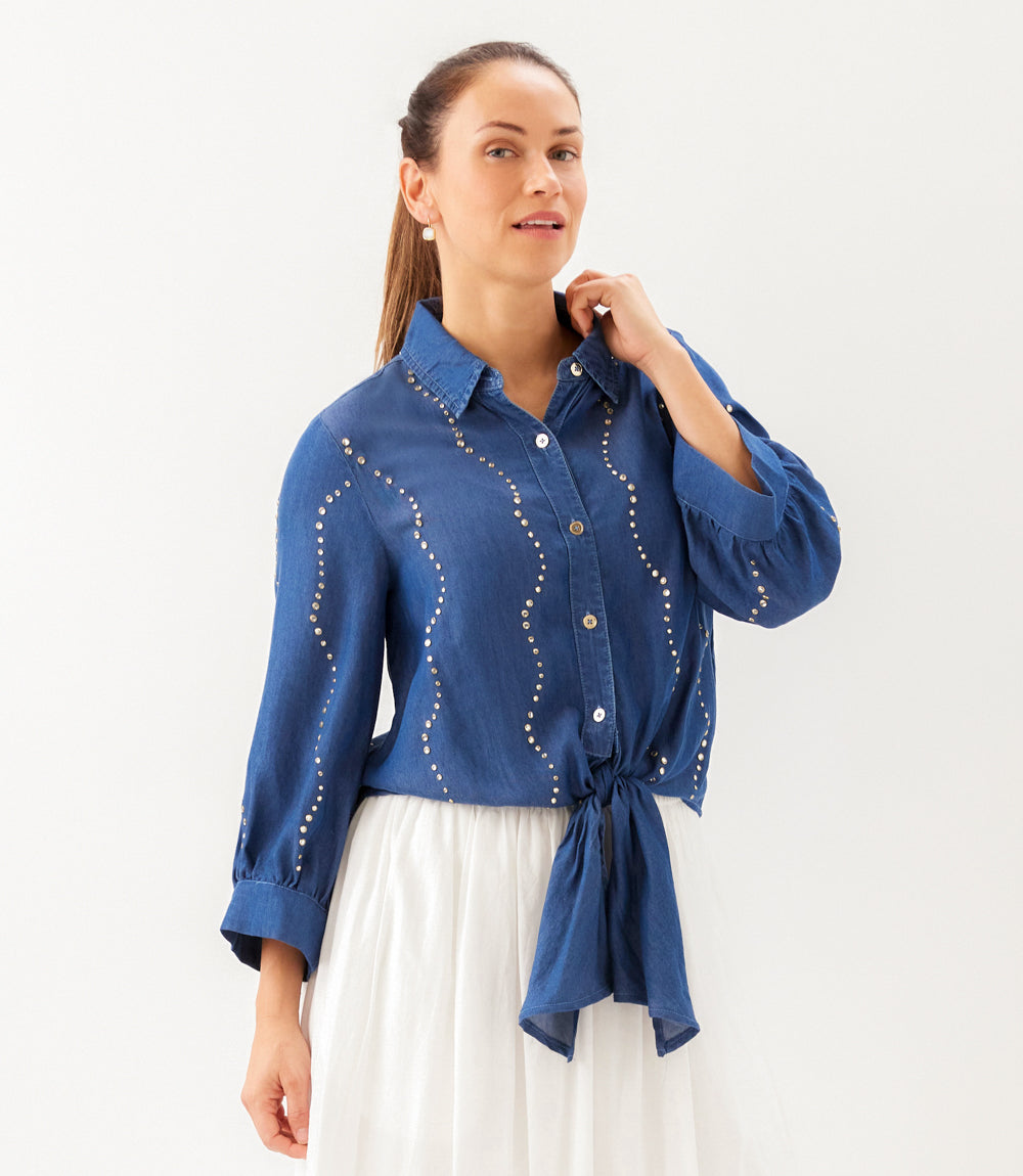 Blouson Sleeve Gemstone Denim Shirt