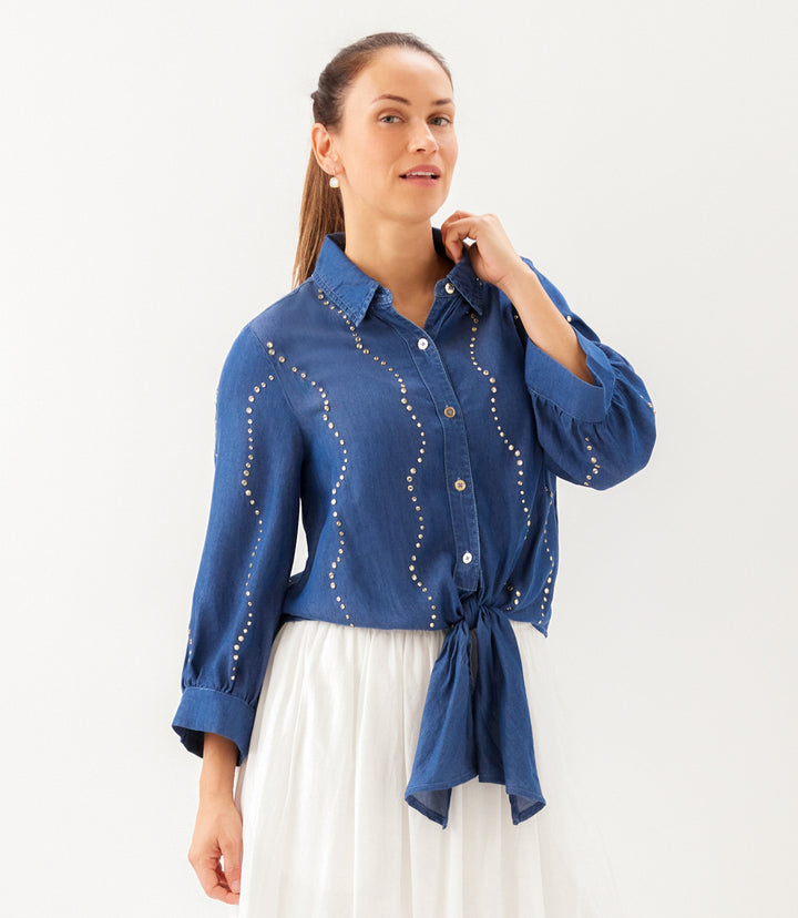 Blouson Sleeve Gemstone Denim Shirt