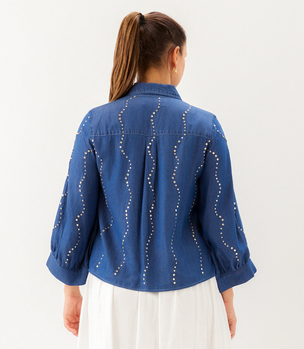 Blouson Sleeve Gemstone Denim Shirt