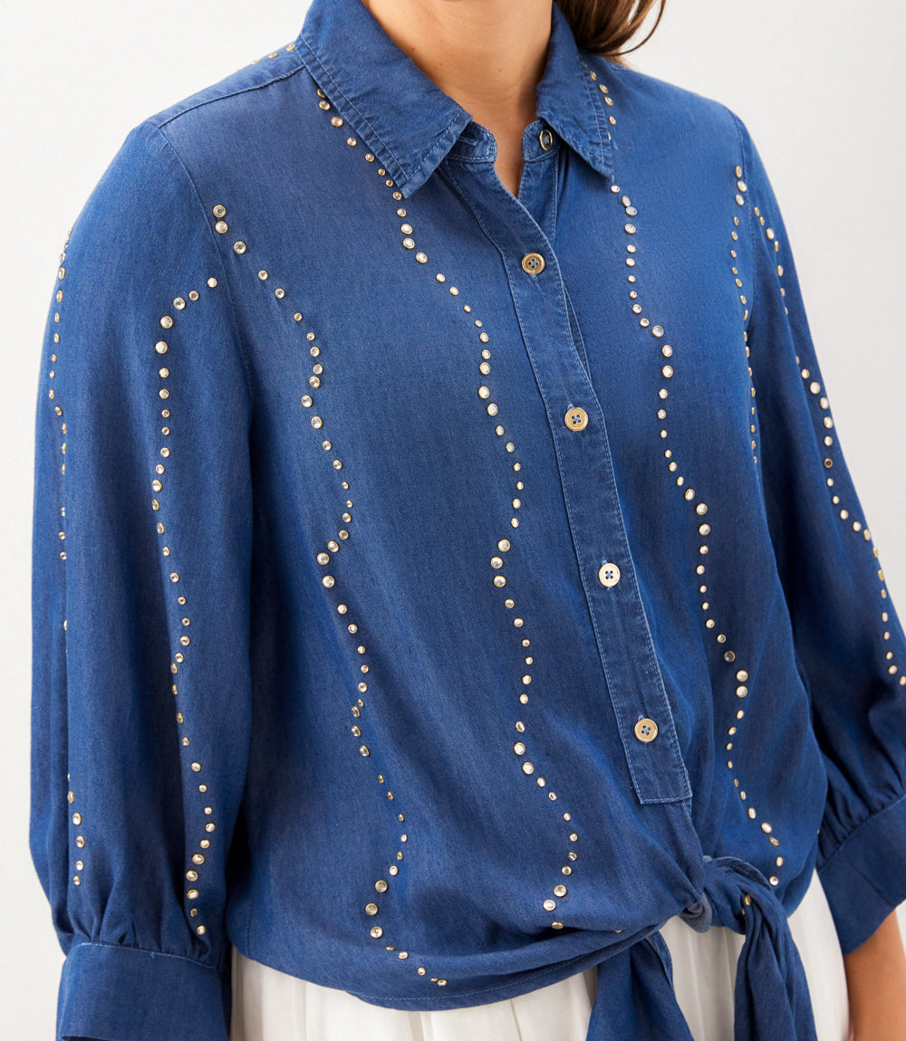 Blouson Sleeve Gemstone Denim Shirt
