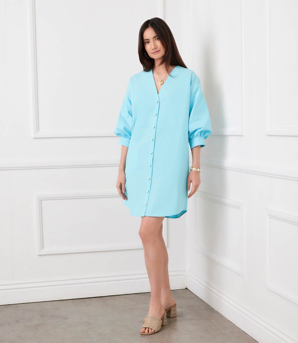 Lantern Sleeve Pearl Button Dress