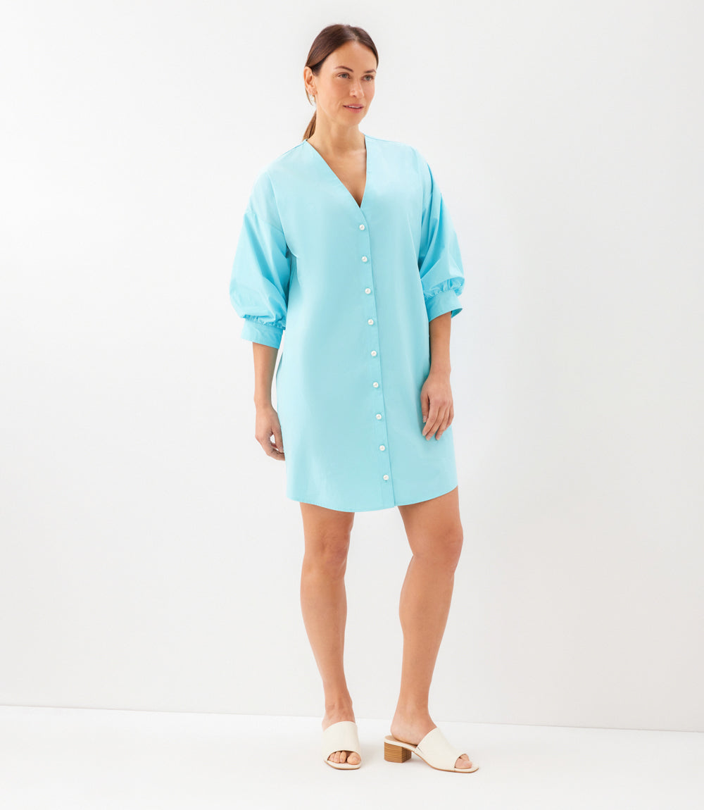 Lantern Sleeve Pearl Button Dress