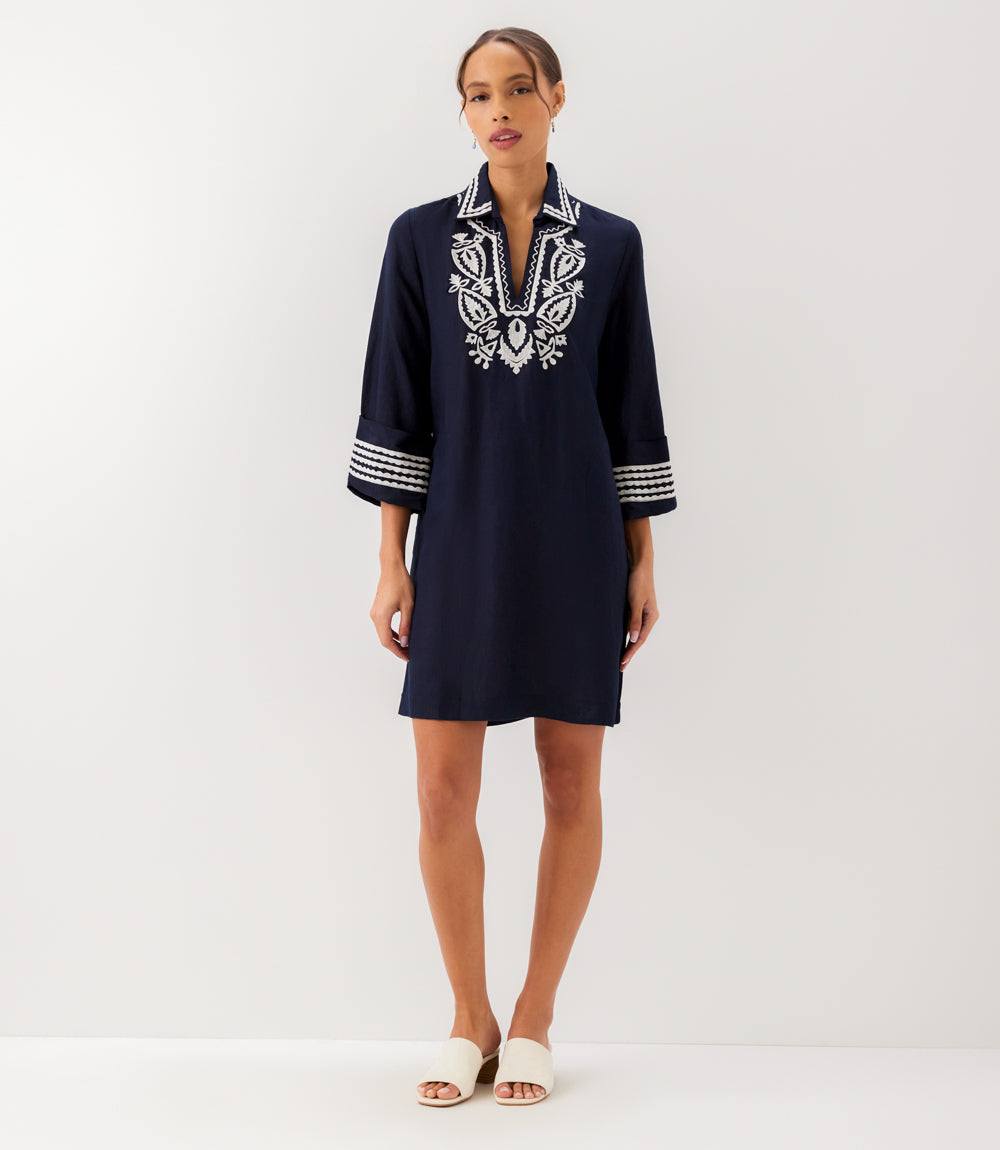Cuffed Sleeve Embroidered Dress - Elegant Linen Blend Dress for