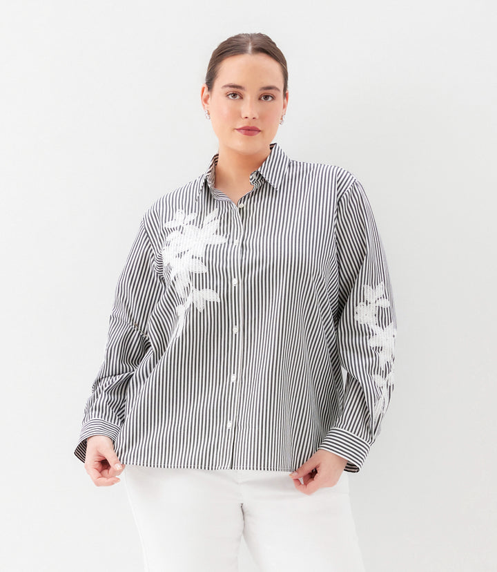 Plus Size Long Sleeve Stripe Embroidered Shirt