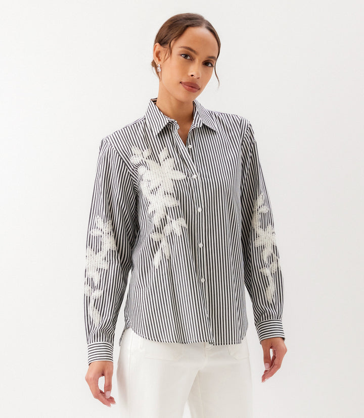 Long Sleeve Stripe Embroidered Shirt