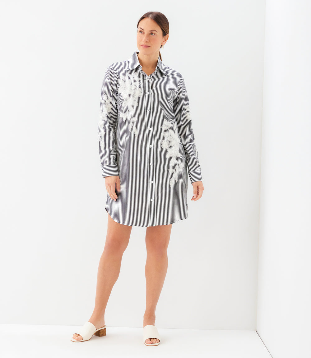 Roll-Tab Stripe Embroidered Shirtdress