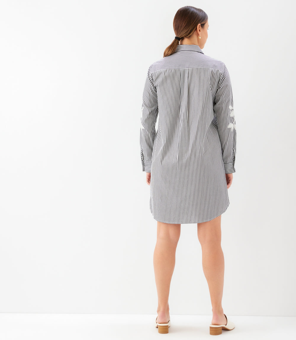 Roll-Tab Stripe Embroidered Shirtdress