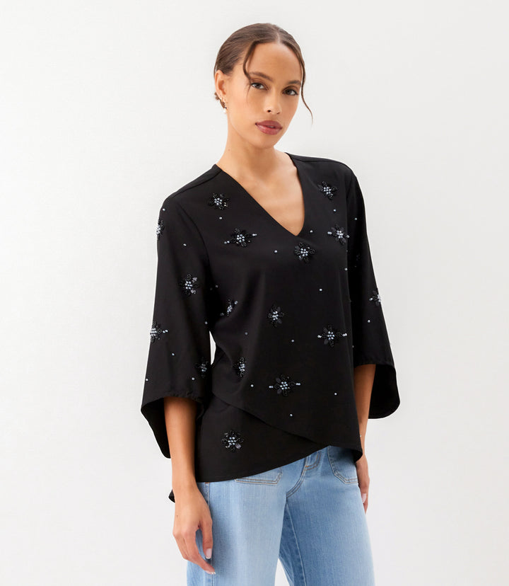 Petite Size Bracelet Sleeve Embellished Asymmetric Top