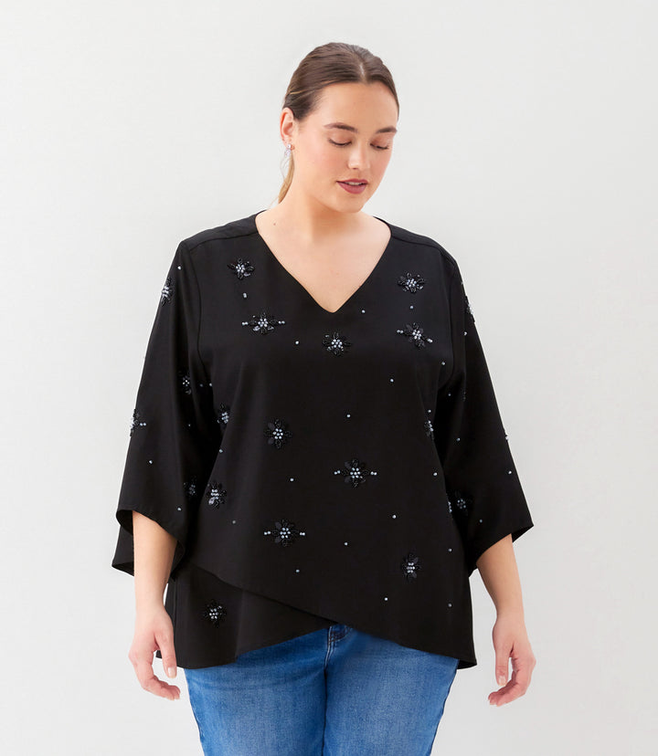 Plus Size Bracelet Sleeve Embellished Asymmetric Top