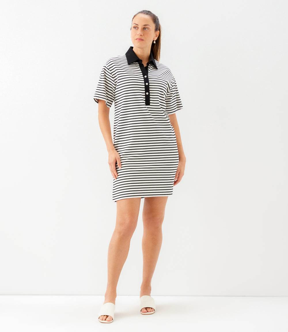 polo shirt dress striped Stripe Collared Short Sleeve Mini Shirt Dress Medium