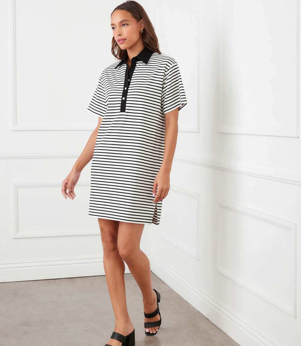 black and white striped dress short sleeve Striped Side Slit Short Sleeve Midi Dress Black / S