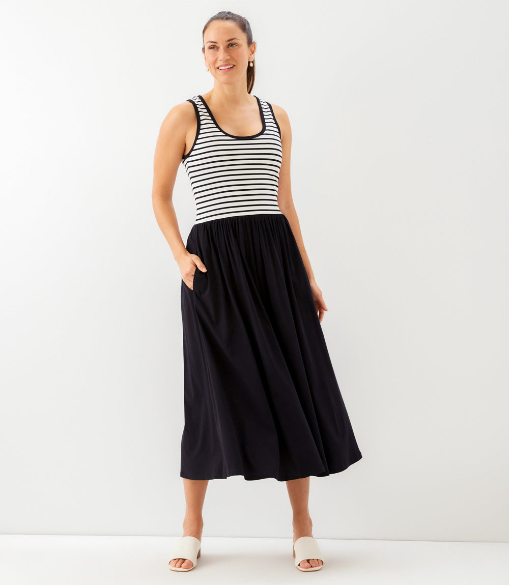 Sleeveless Stripe Bodice Mixed-Media Midi Dress