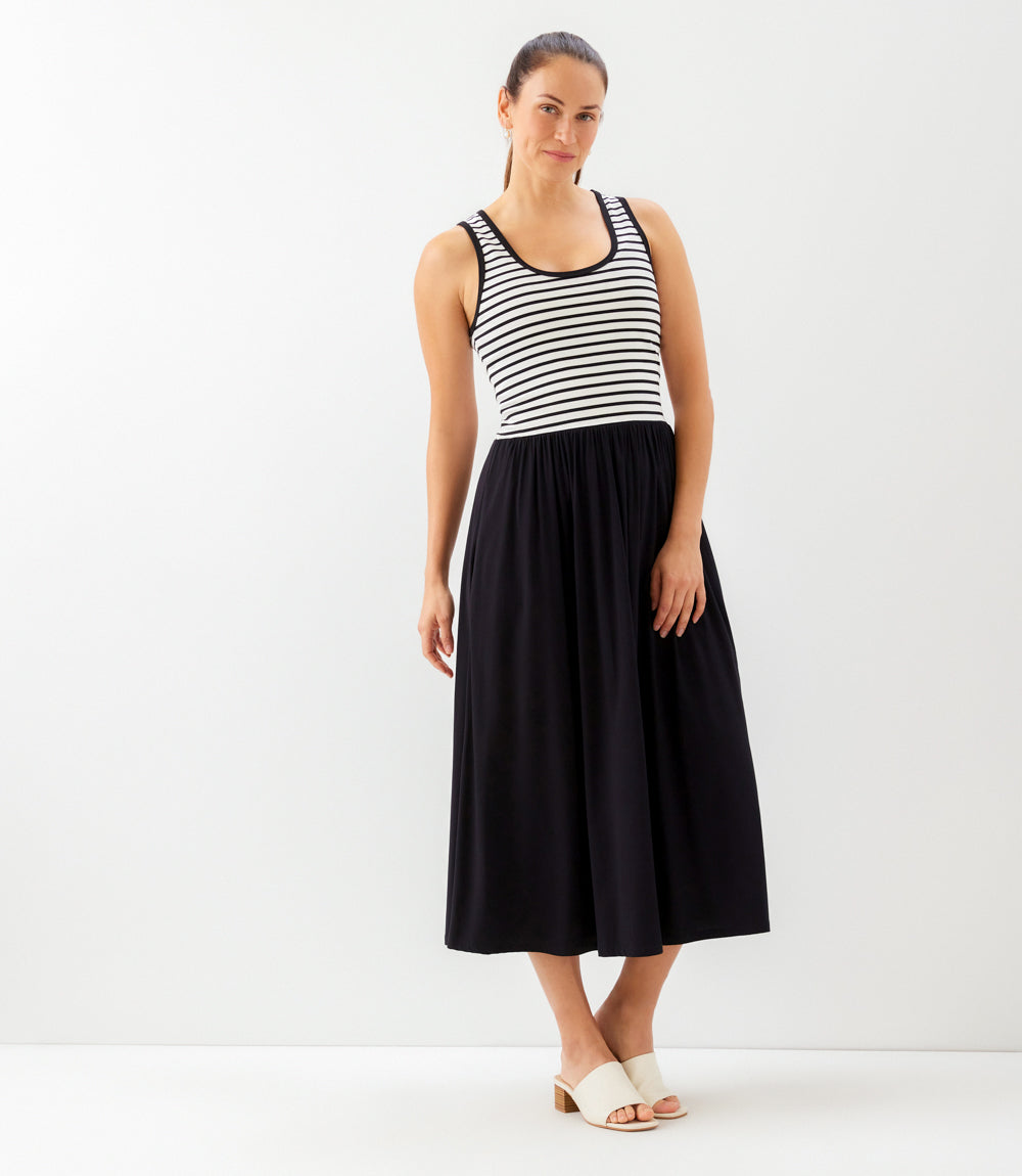 Sleeveless Stripe Bodice Mixed-Media Midi Dress