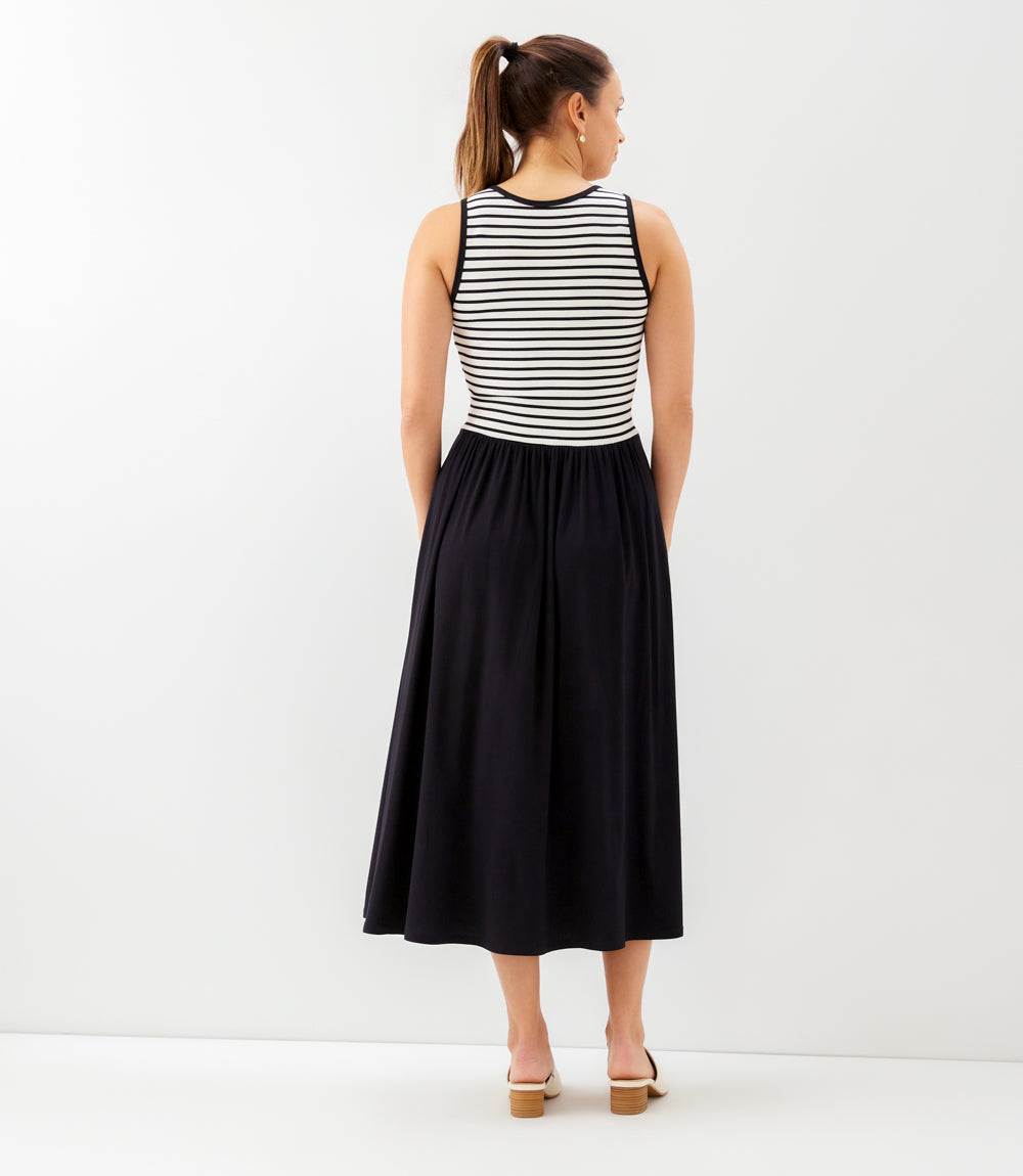 white dress black stripes Karen Kane Women's Sleeveless Stripe Bodice Mixed-Media Midi Dress, Black, XL