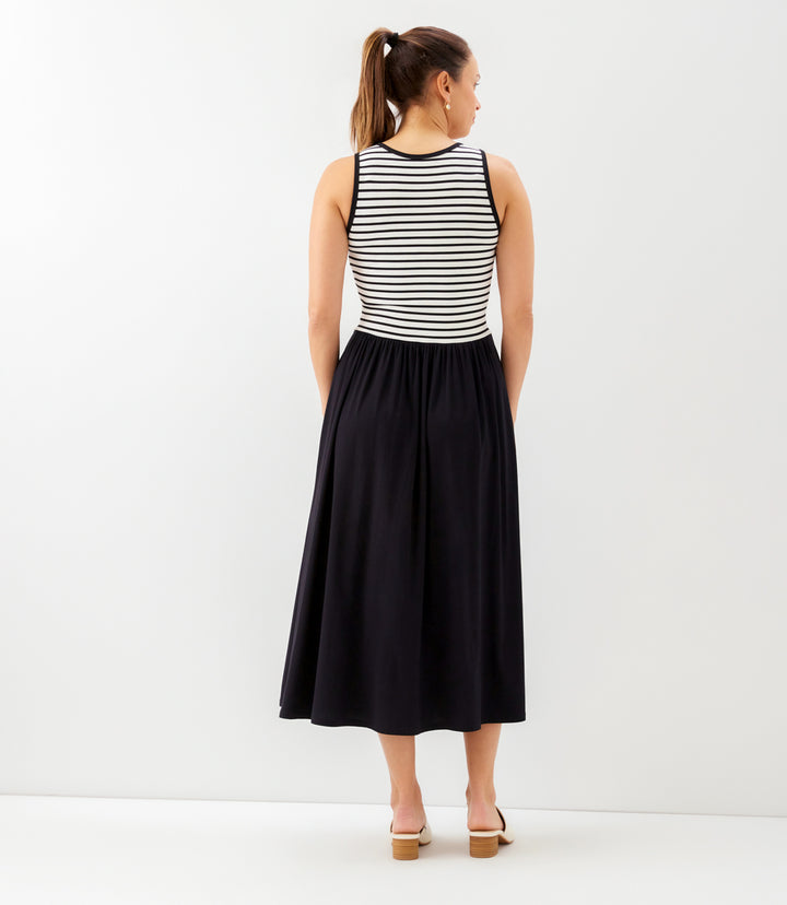 Sleeveless Stripe Bodice Mixed-Media Midi Dress