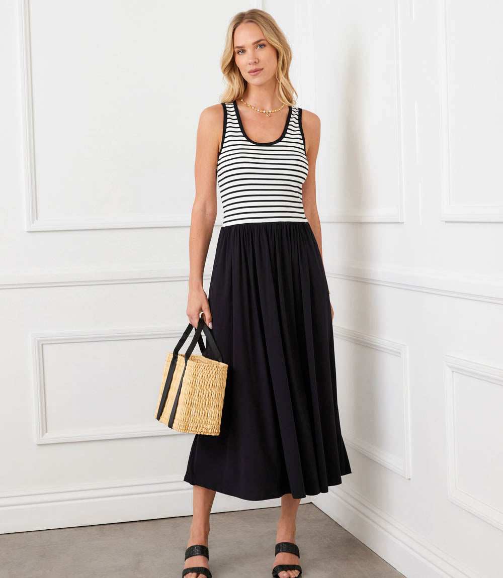 mixed media midi dress Karen Kane Women's Sleeveless Stripe Bodice Mixed-Media Midi Dress, Black, XL
