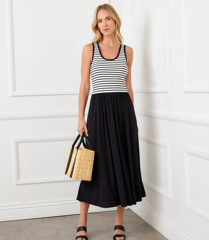 Sleeveless Stripe Bodice Mixed-Media Midi Dress