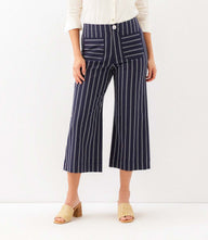 Navy stripe cropped wide-leg pants with high rise and front patch pockets