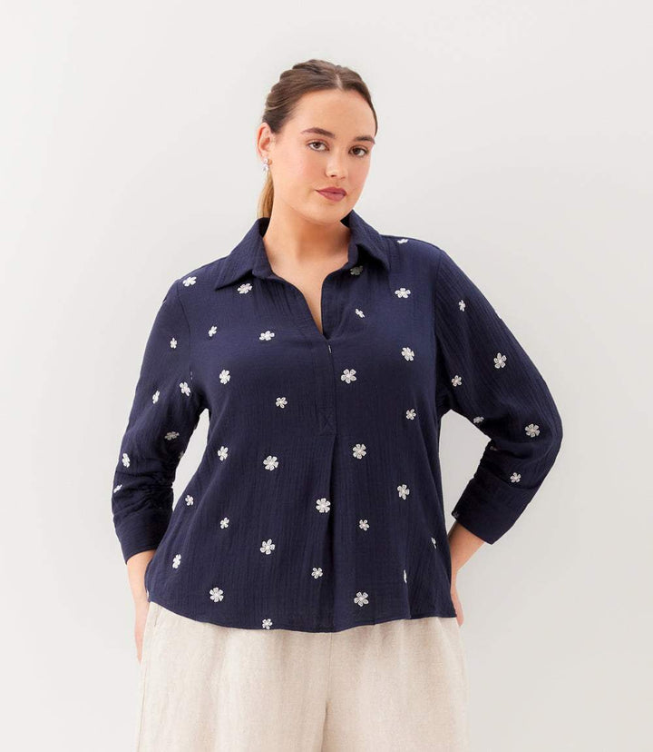 Plus Size Embroidered Ruched Sleeve Shirt