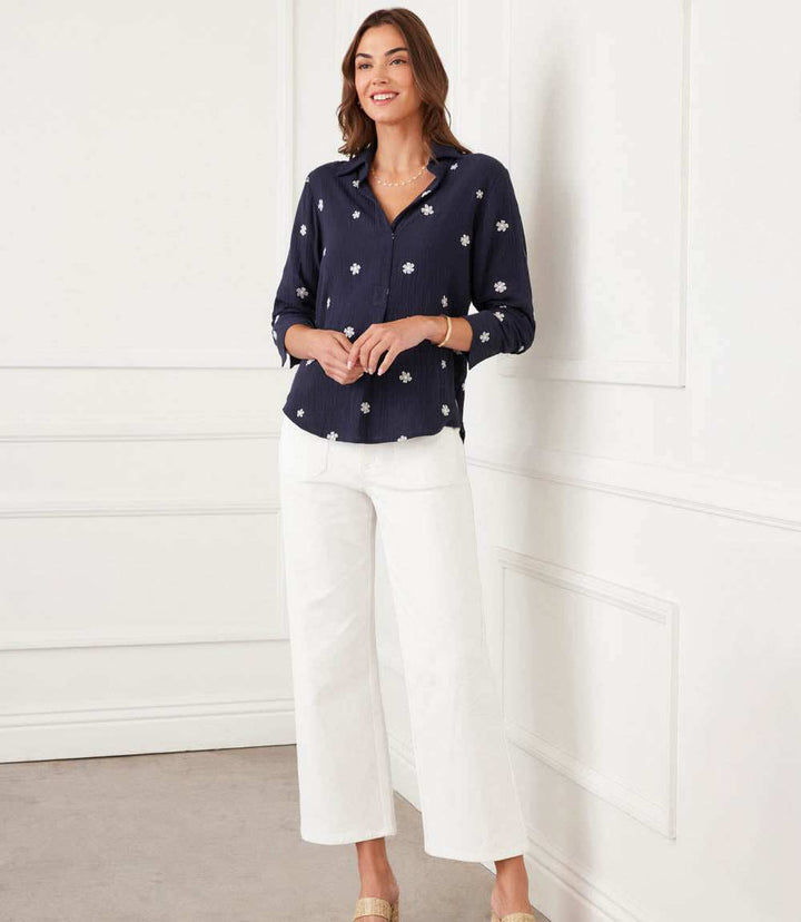 Embroidered Ruched Sleeve Shirt