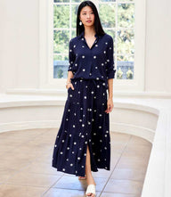 Navy Embroidered Ruched Sleeve Shirt with white floral embroidery and henley neckline made from lightweight cotton gauze