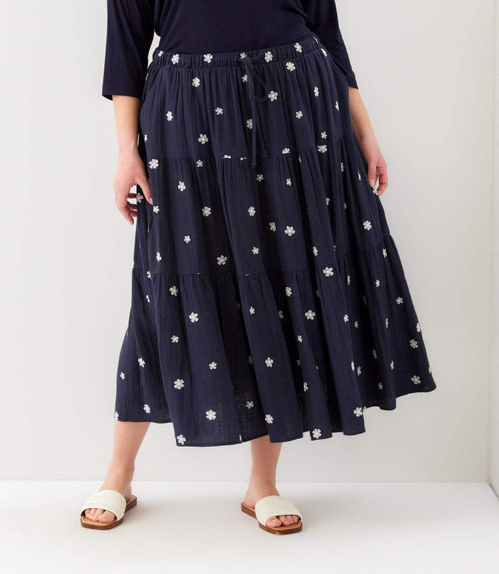 Plus Size Embroidered Tiered Midi Skirt