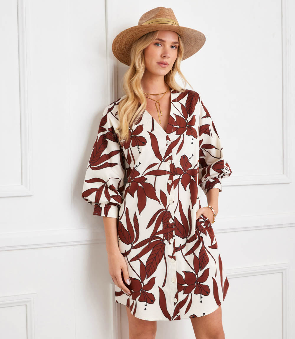 Lantern Sleeve Button-Front Dress