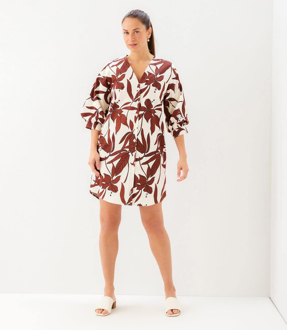 Lantern Sleeve Button-Front Dress - Floral Print, Relaxed Style